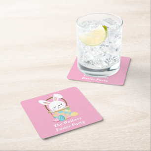 Personalized Happy Easter Pretty Pink Party Square Paper Coaster
