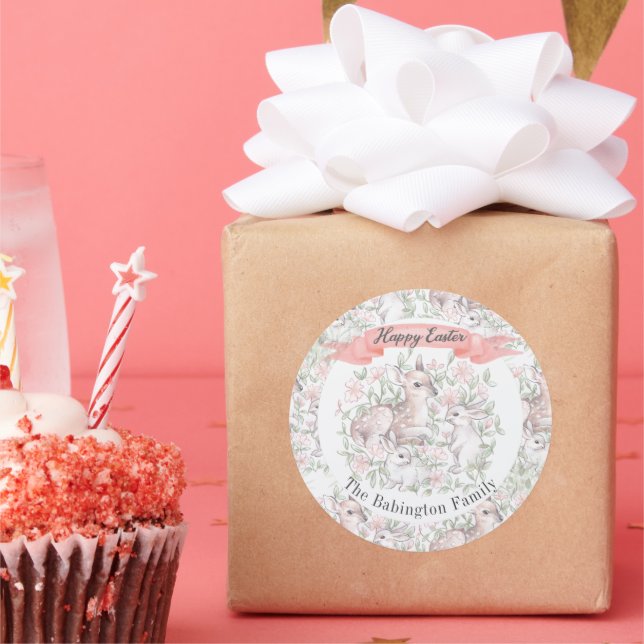 Personalized Happy Easter Spring Deer Bunny Classic Round Sticker (Party)