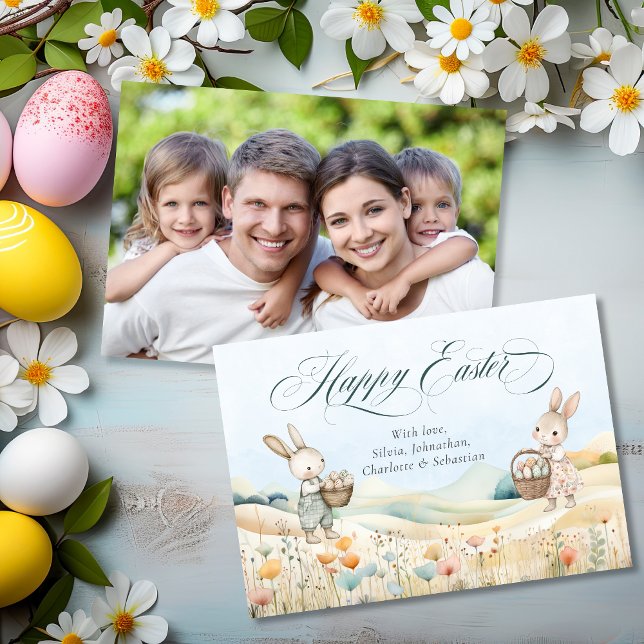 Personalized Happy Easter Watercolor Bunny Photo Holiday Card (Personalized Happy Easter Watercolor Bunny Photo Holiday Card)