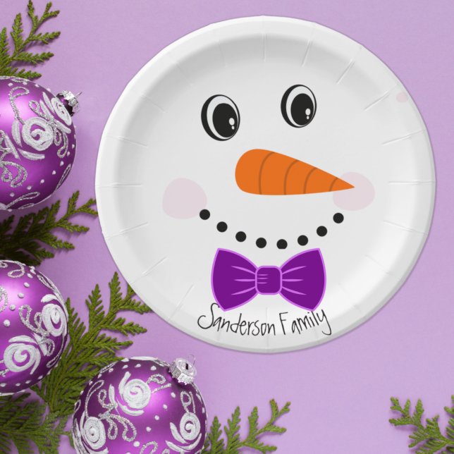 Personalized Happy Face Snowman Purple Bowtie  Paper Plates (Creator Uploaded)
