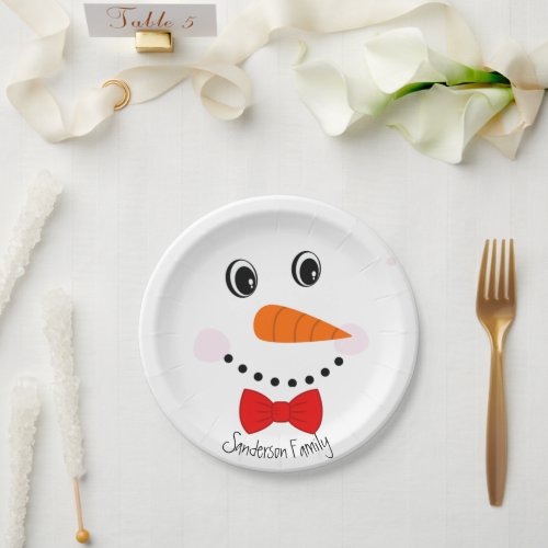 Personalized Happy Face Snowman Red Bowtie Paper Plates
