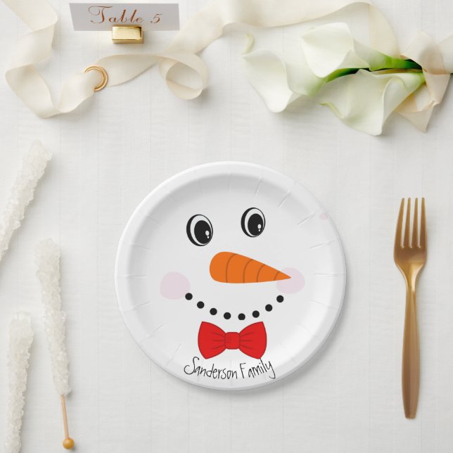 Personalized Happy Face Snowman Red Bowtie Paper Plates (Wedding)