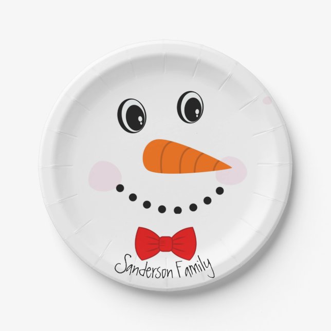 Personalized Happy Face Snowman Red Bowtie Paper Plates (Front)