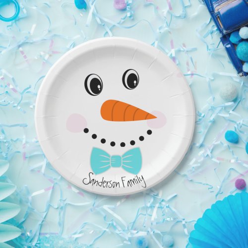 Personalized Happy Face Snowman Teal Blue Bowtie Paper Plates