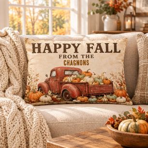 Personalized Happy Fall Vintage Red Truck Farmhous Accent Pillow