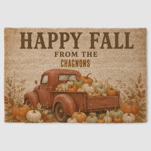 Personalized Happy Fall Vintage Red Truck Farmhous Fiber Doormat