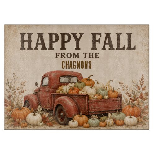 Personalized Happy Fall Vintage Red Truck Pumpkin Cutting Board