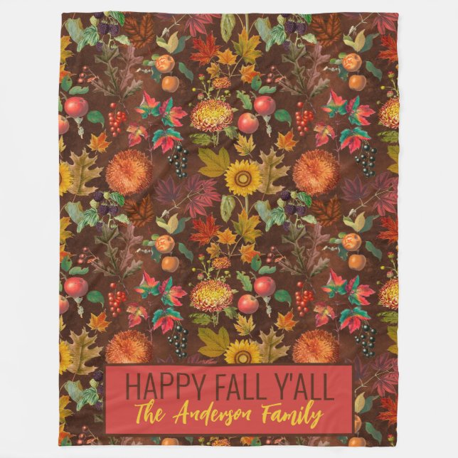 Personalized Happy Fall Y'all Autumn Botanical Fleece Blanket (Front)