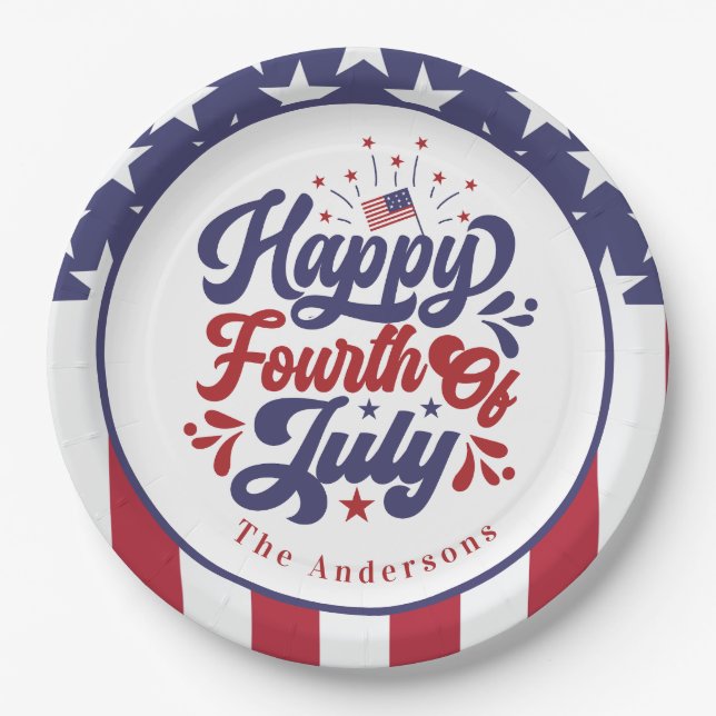 Personalized Happy Fourth Of July Patriotic  Paper Plates (Front)