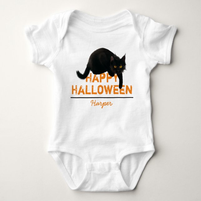 Personalized Happy Halloween Black Cat Baby Bodysuit (Front)