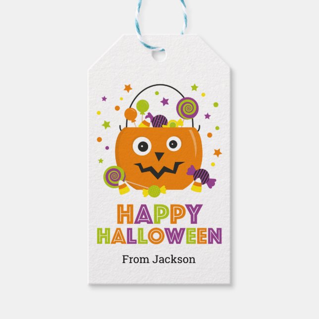 Personalized Happy Halloween Candy Pail Gift Tags (Front)