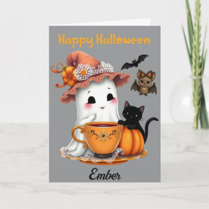 Personalized Happy Halloween Cute Ghost, Cat, Bat Card