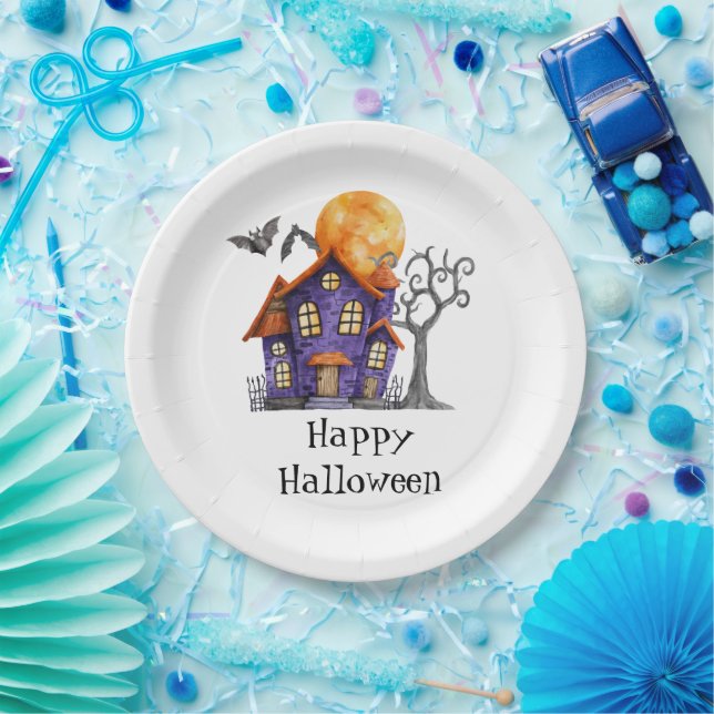 Personalized Happy Halloween Haunted House Party Paper Plates (Party)