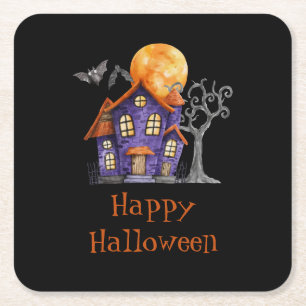 Personalized Happy Halloween Haunted House Square Paper Coaster