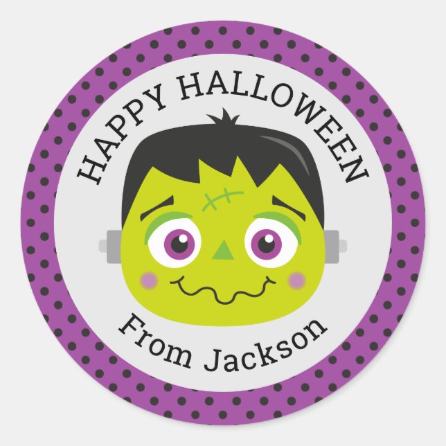 Personalized Happy Halloween Monster Round Sticker (Front)