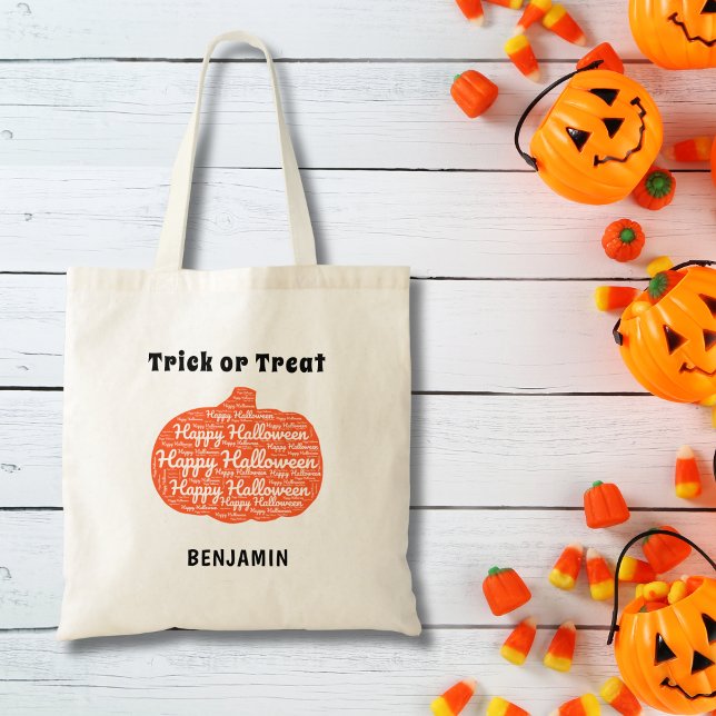 Personalized Happy Halloween Pumpkin Word Art Tote Bag (Personalize with Name, edit / remove other text as required)