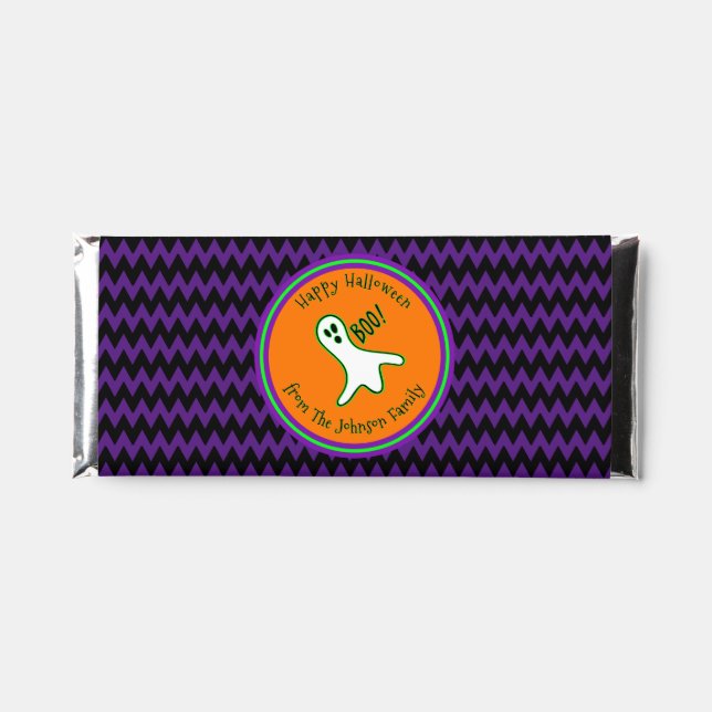 Personalized Happy Halloween Purple Black Ghost Hershey Bar Favors (Front)