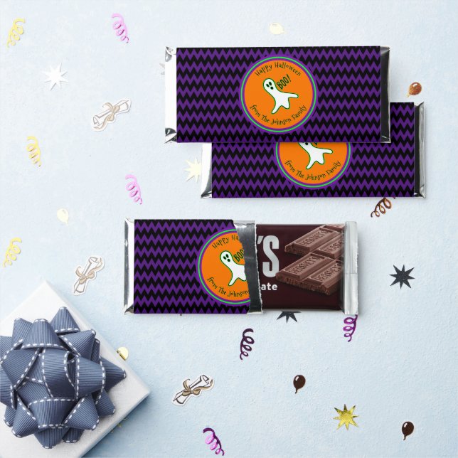 Personalized Happy Halloween Purple Black Ghost Hershey Bar Favors (Front)
