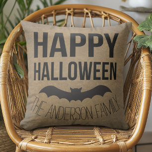 Personalized Happy Halloween Rustic Bat Throw Pillow