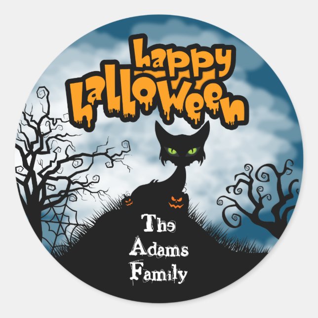 Personalized Happy Halloween Spooky Cat Classic Round Sticker (Front)