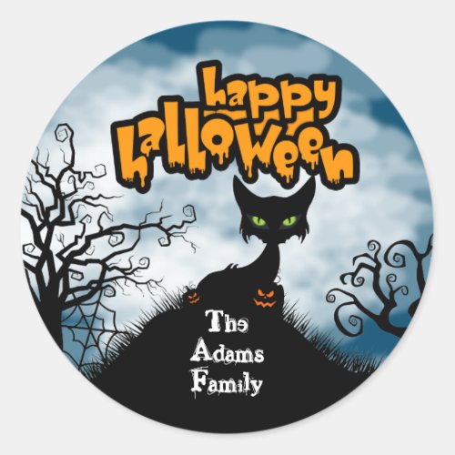 Personalized Happy Halloween Spooky Cat Classic Round Sticker