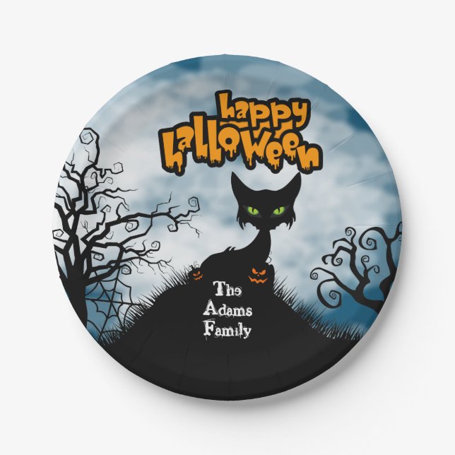 Personalized Happy Halloween Spooky Cat Paper Plates (Front)