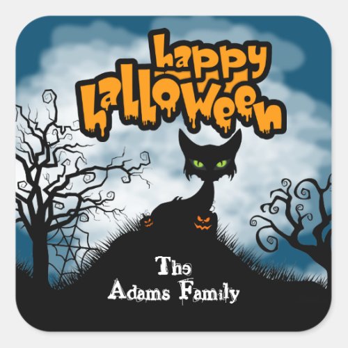 Personalized Happy Halloween Spooky Cat Square Sticker