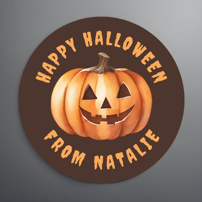 Personalized Happy Halloween Sticker (🎃 Personalized Treats: Smiling Pumpkin Halloween Sticker! 🍬)