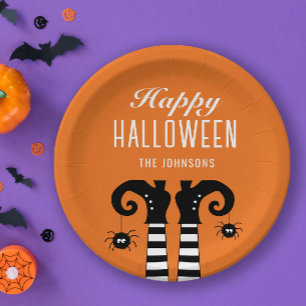 Personalized Happy Halloween Witch Feet Orange  Paper Plates