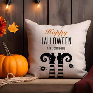 Personalized Happy Halloween Witch Feet White Throw Pillow