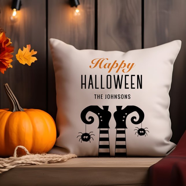 Personalized Happy Halloween Witch Feet White Throw Pillow (Creator Uploaded)