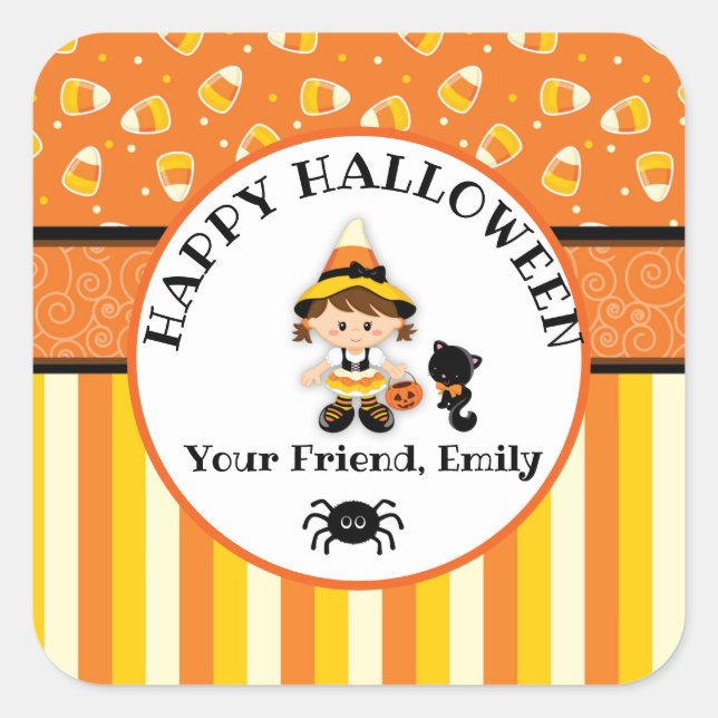 Personalized Happy Halloween Witch Square Sticker (Front)
