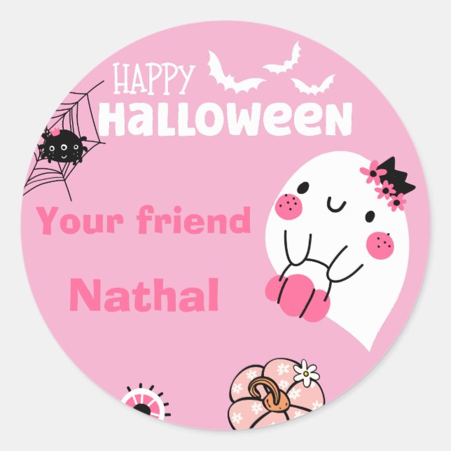 Personalized Happy Halloween with Cute Ghost Pink Classic Round Sticker (Front)