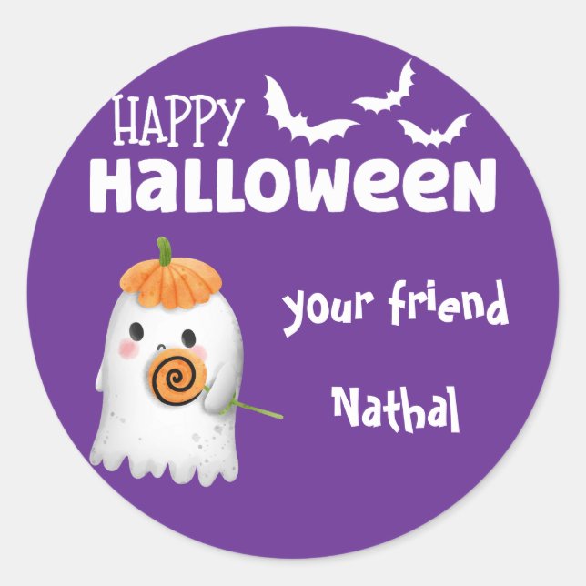 Personalized Happy Halloween with Cute Ghost Purpl Classic Round Sticker (Front)