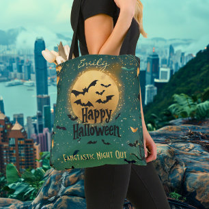 Personalized Happy Halloween with Green Moonlit Tote Bag