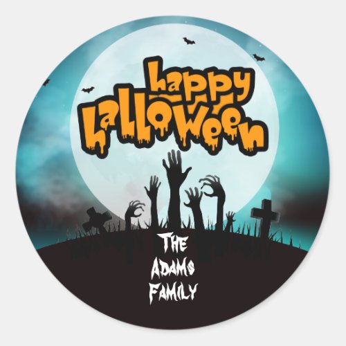 Personalized Happy Halloween Zombie Graveyard Classic Round Sticker