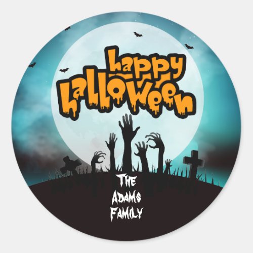 Personalized Happy Halloween Zombie Graveyard Classic Round Sticker