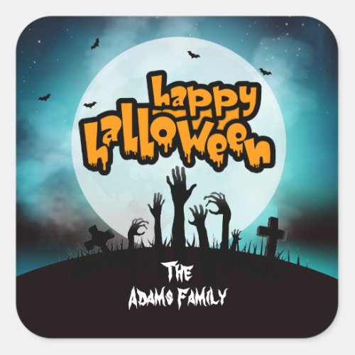Personalized Happy Halloween Zombie Graveyard Square Sticker