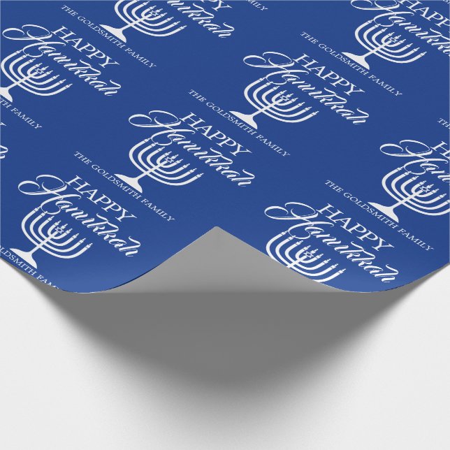 Personalized HAPPY HANUKKAH Blue Menorah Wrapping Paper (Corner)