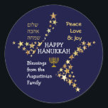 Personalized HAPPY HANUKKAH Classic Round Sticker<br><div class="desc">Stylish blue and gold personalized HANUKKAH stickers to wish your family and friends a Happy Hanukkah. The design shows text that says HAPPY HANUKKAH in white typography at the center, with PEACE, LOVE & JOY in gold colored typography in one corner, and also written in HEBREW in the other corner....</div>