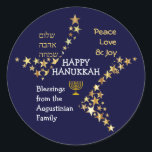 Personalized HAPPY HANUKKAH Classic Round Sticker<br><div class="desc">Stylish blue and gold personalized HANUKKAH stickers to wish your family and friends a Happy Hanukkah. The design shows text that says HAPPY HANUKKAH in white typography at the center, with PEACE, LOVE & JOY in gold colored typography in one corner, and also written in HEBREW in the other corner....</div>