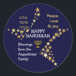 Personalized HAPPY HANUKKAH Classic Round Sticker<br><div class="desc">Stylish blue and gold personalized HANUKKAH stickers to wish your family and friends a Happy Hanukkah. The design shows text that says HAPPY HANUKKAH in white typography at the center, with PEACE, LOVE & JOY in gold colored typography in one corner, and also written in HEBREW in the other corner....</div>