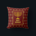 Personalized | HAPPY HANUKKAH | Menorah | RED Throw Pillow<br><div class="desc">Stylish festive pillow with faux gold Star of David in subtle background pattern and large gold colored menorah at the centre. Placeholder text is customizable so you can change HAPPY HANUKKAH to a greeting of your own choice (text of similar length) or in your own language. Part of the HANUKKAH...</div>