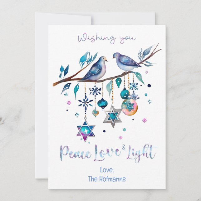Personalized Happy Hanukkah, Peace Love & Light Holiday Card (Front)