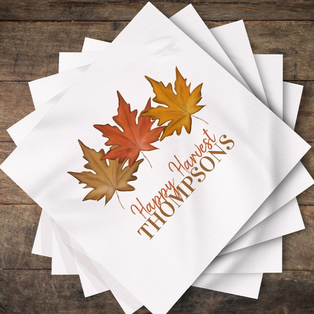 Personalized Happy Harvest Autumn Leaves Decor Napkins (Custom family name fall leaves artwork for Thanksgiving gatherings.)