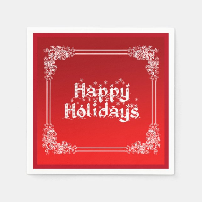 Personalized Happy Holiday Swirl Border Red Paper Napkins (Front)
