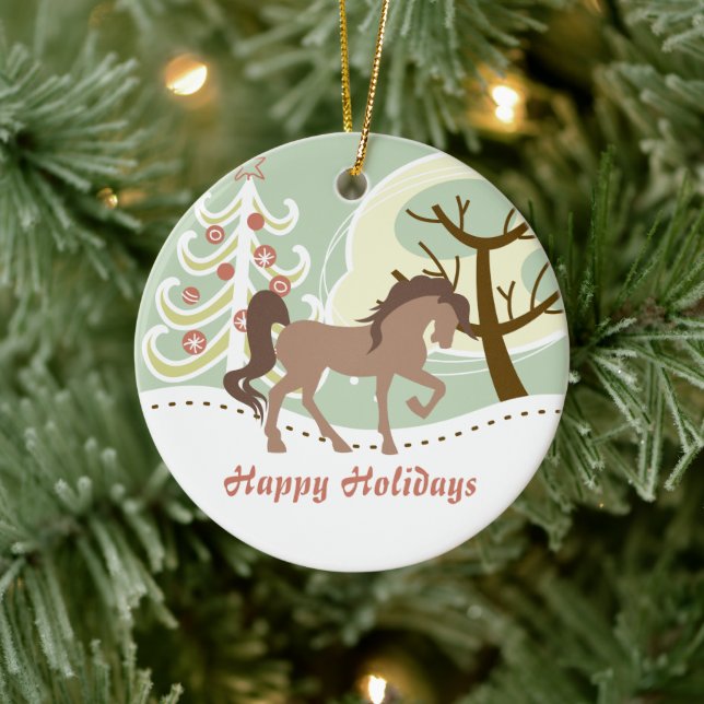 Personalized Happy Holidays Brown Horse Winter Ceramic Ornament (Tree)