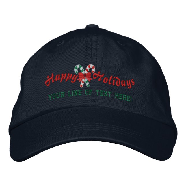 Personalized Happy Holidays Candy Canes Embroidered Baseball Cap (Front)