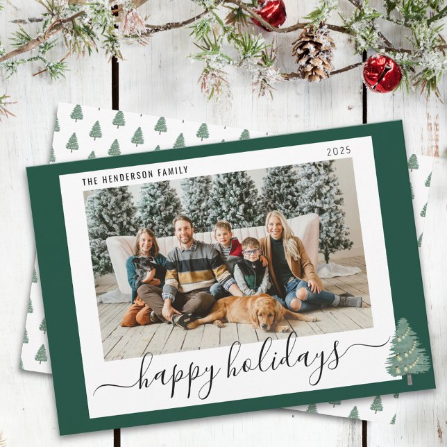 Personalized Happy Holidays Christmas Family Photo Holiday Card (Whimsical woodland Happy Holidays watercolor christmas tree and lights family Photo holiday card)