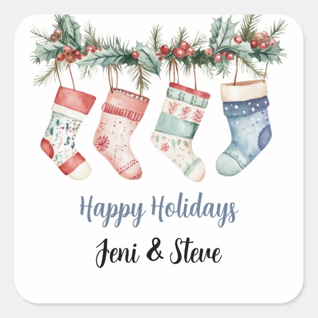 Personalized Happy Holidays Christmas Stocking  Square Sticker (Front)